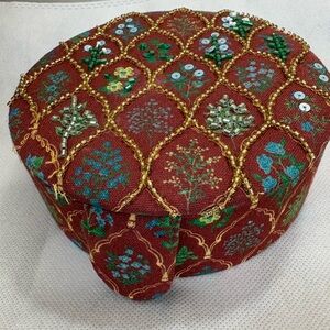 Embroidered Round Jewelry Trinket Box with Gold Accents
